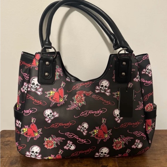 Ed Hardy Handbags - Ed Hardy Skull and Rose Black Pink Tote